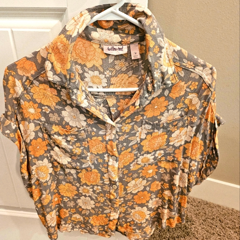 Willow Tree Button-Up Shirt - Gray and Orange Floral